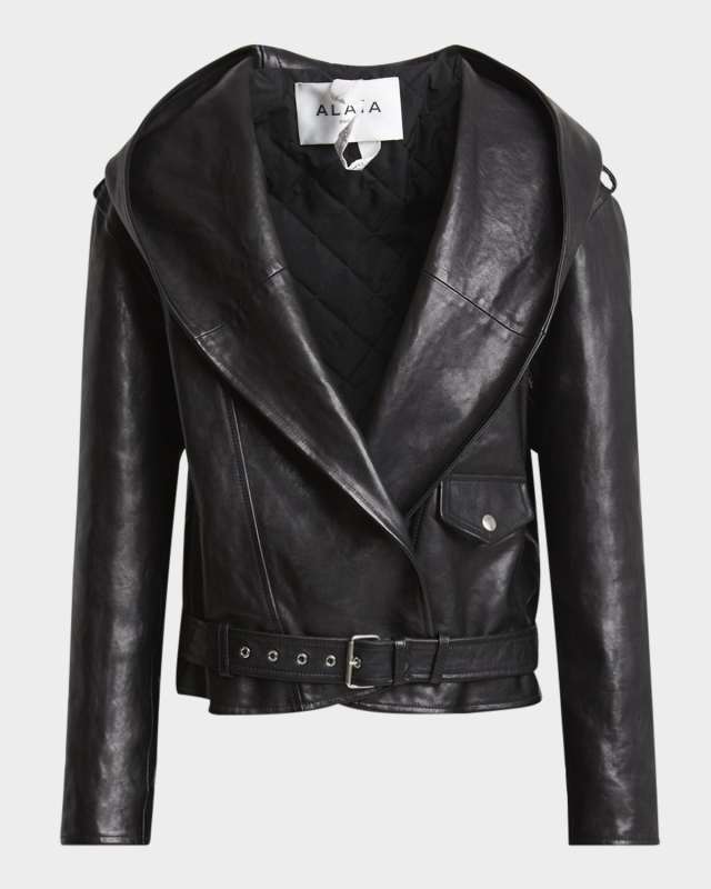 Hooded Wrap Moto Leather Jacket